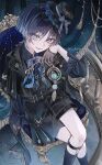  1boy absurdres anemo_symbol_(genshin_impact) arm_at_side arm_support beads belt belt_buckle bishounen black_belt black_capelet black_hair black_hat black_shirt black_shorts black_sleeves blue_flower blue_gem blue_mask blue_rose blunt_ends bow bowtie buckle capelet chair collared_capelet collared_shirt crossed_legs curtains eye_mask eyeliner fascinator feathers flower formal_clothes frilled_sleeves frills fringe_trim gem genshin_impact glint gloves gold grey_gloves hair_flower hair_ornament half_gloves hand_on_own_cheek hand_on_own_face hand_up hat head_tilt highres holding holding_mask indoors kurage_67 lace lace_gloves lapels legwear_garter long_sleeves looking_at_viewer makeup male_focus mask notched_lapels official_alternate_costume parted_lips pom_pom_(clothes) purple_bow purple_bowtie purple_eyes red_eyeliner rose scaramouche_(genshin_impact) shirt shorts sitting solo tsurime twitter_username undershirt vision_(genshin_impact) wanderer_(genshin_fes_2026)_(genshin_impact) wanderer_(genshin_impact) wispy_bangs wolf_cut yellow_feathers 