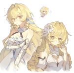  :< ? alternate_hairstyle alternate_sleeve_length armpit_crease bare_shoulders blonde_hair breasts chibi chibi_inset cleavage detached_sleeves dot_nose dress drill_hair drill_sidelocks eyelashes flower genshin_impact hair_between_eyes hair_flower hair_intakes hair_ornament halter_dress halterneck hand_on_own_arm highres long_hair long_sidelocks long_sleeves lumine_(as_heaven_and_earth_are_made_anew)_(genshin_impact) lumine_(genshin_impact) official_alternate_costume parted_lips reido_0723 sidelocks simple_background small_breasts swept_bangs twirling_hair upper_body very_long_hair white_background white_dress yellow_eyes 