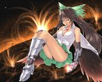  adapted_costume black_panties boots bow breasts brown_hair cape eyes gauntlets green_bow hair_bow high_heels highres houtengeki large_breasts legs long_hair panties pantyshot pantyshot_(sitting) red_eyes reiuji_utsuho shoes sitting solo touhou underwear wings 