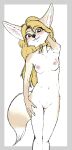 anthro areola biped black_nose blonde_hair breasts canid canine collar collar_only dipstick_tail eyebrow_through_hair eyebrows featureless_crotch female fennec_fox fox fur gold_(metal) gold_collar hair hand_behind_head hand_on_leg hand_on_own_leg hand_on_own_thigh hand_on_thigh hi_res inner_ear_fluff lock looking_at_viewer mammal markings metal_collar navel nipples nude nudity_curse padlock padlocked_collar penny_fenmore portrait small_breasts smile solo standing tail tail_markings tan_body tan_fur teeth theunnoticedone three-quarter_portrait translucent translucent_hair true_fox tuft white_body white_fur