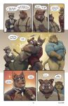 6_panel_comic absurd_res aldrich_haynes_(thepurp) anthro balls black_text blake_harper_(thepurp) bottomless bottomless_anthro bottomless_male bottomwear butt canid canine canis clothed clothed_anthro clothed_male clothing comic dialogue digital_media_(artwork) dobermann domestic_dog english_text felid fur genitals group hair hi_res hudson_(thepurp) hug lion male male_anthro mammal marcus_(thepurp) muscular muscular_anthro muscular_male open_mouth pantherine penis pinscher procyonid raccoon small_penis speech_bubble suid suine sus_(pig) suspenders tail talking_to_another teeth text thepurp tight_hug topwear topwear_only wild_boar