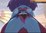 anthro big_hat blue_body blue_fur blush bodily_fluids breasts breath butt butt_from_the_front clothed clothing ejaculation english_text felid feline female fur genital_fluids genitals hat headgear headwear heart_symbol hi_res in_heat katress looking_at_viewer looking_down looking_down_at_viewer low-angle_view mammal notgeerux pal_(species) palmorph palworld pocketpair presenting presenting_vulva purple_eyes small_breasts solo text upskirt vaginal_fluids vaginal_squirting vulva witch_hat