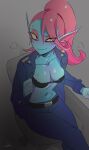  1girl absurdres belt black_belt black_bra blue_jacket blue_pants blue_skin blush bra breasts closed_mouth collarbone colored_sclera colored_skin fins head_fins highres jacket long_hair long_sleeves navel noah_(tettsui-sole) open_clothes open_jacket pants pink_hair signature sitting slit_pupils solo stomach undertale underwear undyne utdr_(toby_fox) yellow_sclera 