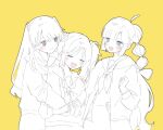  3girls :d =_= anyoji_hime bloom_garden_party_jacket blue_eyes blush c: closed_eyes closed_mouth commentary_request dress fang flower fujishima_megumi greyscale_with_colored_background hair_flower hair_ornament hand_on_another's_shoulder hasu_no_sora_school_uniform highres hood hood_down hooded_jacket jacket long_hair long_sleeves looking_at_another love_live! love_live!_hasu_no_sora_jogakuin_school_idol_club love_live!_hasu_no_sora_jogakuin_school_idol_club_bloom_garden_party mira-cra_park! momoi_shigeki multi-tied_hair multiple_girls neckerchief open_clothes open_jacket open_mouth osawa_rurino ponytail purple_eyes sailor_collar sailor_dress school_uniform simple_background smile spot_color twintails two_side_up very_long_hair winter_uniform yellow_background 