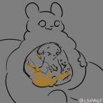 1:1 absurd_res ambiguous_gender anthro dripping duo fart fart_fetish fart_while_inside farting_inside_belly gourmand_(rain_world) hand_on_belly hi_res lspagf male overweight puffed_cheeks rain_world rumbling_stomach sitting slugcat tail tongue tongue_out videocult vore worried x-ray_view