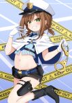  1girl black_boots black_shorts blue_necktie blue_shirt blush boots brown_hair capelet collared_shirt commentary_request crop_top cuffs dress_shirt gloves green_eyes grin gun handcuffs handgun haru_(kuzuyu) hat high_heel_boots high_heels highres holding holding_handcuffs holster holstered keep_out komori_kuzuyu low_twintails midriff navel necktie open_clothes open_fly open_shorts original peaked_cap shirt short_shorts short_twintails shorts sleeveless sleeveless_shirt smile solo thigh_holster twintails weapon white_capelet white_gloves white_hat 