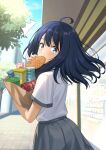  1girl absurdres ahoge blue_bow blue_bowtie blue_eyes blue_hair blush bow bowtie breasts cloud collared_shirt commentary_request fingernails food grey_skirt highres holding holding_food looking_at_viewer looking_back make_heroine_ga_oo_sugiru! medium_breasts medium_hair open_mouth outdoors school_uniform shirt short_sleeves skirt sky solo taiyaki tsuwabuki_high_school_uniform wagashi white_shirt yanami_anna yellow_bow yellow_bowtie youxi'an_de_fan 