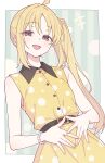  +++ 1950s_fashion 1girl ahoge alternate_costume belt black_belt blonde_hair blush bocchi_the_rock! bracelet collared_dress commentary_request contrast_collar dress e20 gem hair_ornament highres ijichi_nijika jewelry laughing long_hair long_sidelocks looking_at_viewer one_side_up open_mouth pearl pearl_bracelet polka_dot polka_dot_background polka_dot_dress ponytail shirt side_ponytail sidelocks sleeveless smile solo yellow_dress yellow_nails 