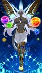  1boy abs arjuna_(fate) arjuna_alter_(fate) arjuna_alter_(first_ascension)_(fate) armlet armor artist_name blue_background colored_skin dark-skinned_male dark_skin dragon_tail fate/grand_order fate_(series) floating full_body glowing grand_servant_(fate/grand_order) hair_between_eyes highres jewelry long_hair looking_at_viewer male_focus muscular muscular_male orb pants pectorals sakuraike solo tail toned toned_male vambraces watermark white_hair wings 