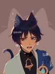  1boy anemo_symbol_(genshin_impact) animal_ear_fluff animal_ears bishounen black_bodysuit black_hair blue_cape blue_gem blunt_ends bodysuit cape cat_boy cat_ears cat_tail choppy_bangs drawn_whiskers eyeliner fangs furrowed_brow gem genshin_impact gold grey_eyes hair_intakes highres japanese_clothes kimono light_blush looking_at_viewer makeup male_focus mandarin_collar open_clothes open_kimono open_mouth portrait red_eyeliner scaramouche_(genshin_impact) shoulder_peek side_cape solo sound_effects sweatdrop tail teeth tsurime wanderer_(genshin_impact) watermark white_kimono white_trim wolf_cut yukunnvi 