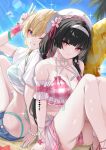  2girls aqua_bikini arm_up back-to-back beret bikini bikini_skirt black_hair blue_sky bracelet breasts chisa_(peach_parfait)_(wuthering_waves) chisa_(wuthering_waves) cleavage closed_mouth commentary_request day denim denim_shorts detached_sleeves hair_between_eyes hair_ribbon halterneck hat highres holding holding_swim_ring jewelry knees_up kuramoto_beta-carotene large_breasts long_hair looking_at_viewer lynae_(peppermint)_(wuthering_waves) lynae_(wuthering_waves) multiple_girls nail_polish official_alternate_costume one_eye_closed outdoors pink_bikini pink_ribbon pink_skirt plaid_bikini plaid_clothes purple_eyes red_eyes revision ribbon see-through_clothes see-through_shirt shirt shorts sitting skirt sky smile swim_ring swimsuit tacet_mark_(wuthering_waves) thighs v wet white_hat white_shirt wuthering_waves 