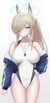  1girl animal_ear_fluff animal_ears ass_visible_through_thighs bare_shoulders black_one-piece_swimsuit blonde_hair blue_archive blue_halo blue_jacket breasts breasts_apart collarbone commentary_request covered_navel cowboy_shot crossed_bangs fox_ears fox_girl frown grey_eyes groin hair_over_one_eye halo hand_on_own_hip highleg highleg_one-piece_swimsuit highres impossible_clothes impossible_swimsuit jacket kanna_(blue_archive) kanna_(swimsuit)_(blue_archive) large_breasts long_hair long_sidelocks looking_at_viewer multicolored_one-piece_swimsuit off_shoulder official_alternate_costume one-piece_swimsuit open_clothes open_jacket orange_one-piece_swimsuit parted_bangs parted_lips ponytail sidelocks solo straight-on swimsuit thigh_gap v-shaped_eyebrows whistle whistle_around_neck white_one-piece_swimsuit wrightia 