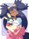  1girl big_hair blue_hair character_request chiikawa closed_eyes commentary_request creature crossover dark-skinned_female dark_skin emolga flying_squirrel highres holding holding_creature iris_(pokemon) long_hair long_sleeves momonga_(chiikawa) open_mouth pink_skirt pokemon pokemon_(creature) pokemon_black_and_white serizawa_serizane shirt skirt species_connection squirrel sweat two_side_up wide_sleeves yellow_shirt 