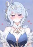  1girl absurdres armpit_crease bare_shoulders blue_background blue_dress blue_gem blue_hair blush breasts cleavage commentary_request detached_sleeves dot_nose dress eyelashes feather_hair_ornament feathers fur-trimmed_sleeves fur_collar fur_trim gem genshin_impact hair_bun hair_ornament hairband heart highres large_breasts looking_at_viewer medium_hair multicolored_hair nervous_sweating nose_blush odette_(genshin_impact) pale_skin parted_bangs purple_eyes sa8yo_o sidelocks simple_background solo streaked_hair sweat sweatdrop upper_body white_hair white_hairband white_sleeves 