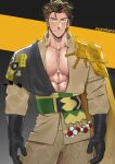  1boy abs absurdres artist_name bara beard black_gloves claude_von_riegan claude_von_riegan_(timeskip) closed_mouth earrings english_commentary facial_hair fire_emblem fire_emblem:_three_houses gloves highres jewelry looking_at_viewer male_focus muscular muscular_male pectorals single_earring smile suyohara 