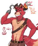 absurd_res anthro armpit_tuft avian belt blush bottomwear canid canine clothing dialogue ear_piercing ear_ring english_text eye_patch eyewear five_nights_at_freddy's fox foxy_(fnaf) fur gold_(metal) gold_tooth half-closed_eyes hi_res hook hook_hand jewelry male mammal narrowed_eyes necklace pants piercing pirate_hat pointy_ears red_body red_fur ring_piercing scottgames sharp_teeth simple_background tail teeth text vuwwen white_background yellow_eyes