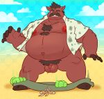anthro assisted_exposure balls beach belly big_balls body_hair chest_hair clothing disembodied_hand domestic_pig facial_hair genitals ghost_hand hank_higgins_(ophelia_sketched) haxsmack hi_res humanoid_genitalia humanoid_penis larger_but_small male mammal moobs mustache nipples obese obese_anthro open_mouth outside overweight overweight_anthro overweight_male pantsing pecs penis pubes sand sea simple_background small_penis solo suid suine sus_(pig) swimming_trunks swimwear tan_body thick_thighs topwear water
