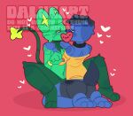 absurd_res anthro anthro_on_anthro blue_body blue_eyes blue_fur blush bottomwear brown_pupils canid canine canis censored_kiss clothing crouching dalue_(dalueart) dalueart distracting_watermark domestic_dog duo exposed_shoulder felid feline femboy floppy_ears fur generation_4_pokemon green_body green_fur grey_bottomwear grey_clothing grey_shorts hair half-closed_eyes heart_symbol hi_res interspecies kneeling male male/male mammal midriff narrowed_eyes nintendo nude on_lap pawpads pink_background pink_pawpads pokemon pokemon_(species) pupils raised_hand shinx shirt_down shorts shoulder_grab simple_background strike_(strikerman) tail text topwear watermark yellow_eyes