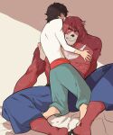  2boys adoptive_parent_and_adoptive_child animal_ears bakemono_no_ko bear_boy bear_ears bed black_hair commentary father_and_child father_and_son furry furry_male furry_with_non-furry inseki interspecies kumatetsu male_focus multiple_boys muscular muscular_male parent_and_child pectorals red_fur rushi_(mousang) sandals topless_male yaoi 