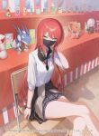  1girl 2026 black_mask black_shirt black_skirt bolmeteus_steel_dragon bracelet chair character_doll clothes_around_waist cocco_lupia commentary_request copyright_notice crossed_legs doll dragon_musume_ni_naritakunai! duel_masters green_eyes harusaki_eiku headphones headphones_around_neck jacket jacket_around_waist jenny_(duel_masters) jewelry long_hair mask morichika_shuuto mouth_mask official_art on_chair plaid_clothes plaid_skirt playing_with_own_hair red_hair school_uniform shirt shirt_under_shirt shooting_gallery sitting skirt solo white_shirt 