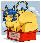 2025 absurd_res animal_crossing ankha_(animal_crossing) annoyed anthro big_butt blue_body blue_fur blue_hair blush bottom_heavy box breasts butt cardboard cardboard_box container cross-popping_vein curvy_figure domestic_cat egyptian english_text felid feline felis female fur hair hi_res huge_butt huge_hips huge_thighs in_box in_container mammal markings nintendo nipples nude solo striped_markings striped_tail stripes tail tail_markings text thick_thighs voluptuous voluptuous_female wide_hips yellow_body yellow_fur yenvudu