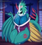 1_horn 2026 anthro asian_clothing bandai_namco big_breasts blue_body blue_fur breasts cigarette cigarette_holder cleavage clothed clothing curvy_figure digimon digimon_(species) east_asian_clothing feathered_wings feathers female fur galemon glistening glistening_body glistening_breasts green_body hi_res horn huge_breasts japanese_clothing kimono kneeling looking_at_viewer lyorenth-the-dragon neck_tuft non-mammal_breasts pink_eyes red_horn smoking smoking_cigarette solo thick_thighs tuft voluptuous_anthro voluptuous_female wide_hips winged_arms wings