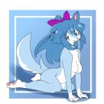 1:1 2019 :3 accessory all_fours anthro blue_background blue_body blue_ears blue_eyes blue_fur blue_hair blush bow_ribbon breasts canid canine canis claws countershading digital_media_(artwork) domestic_dog eyelashes featureless_breasts female fluffy fluffy_chest fluffy_tail fur geometric_background glistening glistening_hair gloves_(marking) hair hair_accessory hair_bow hair_ribbon head_tilt inner_ear_fluff joeri_kunisaki leg_markings long_hair long_ponytail looking_at_viewer mammal markings multicolored_body pawpads pink_inner_ear ponytail purple_bow ribbons simple_background smile smiling_at_viewer socks_(marking) solo tail tail_base_tuft thin_eyebrows three-quarter_view tuft two_tone_body two_tone_tail white_body white_countershading white_fur