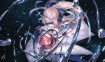  1girl absurdres aesc_(fate) aesc_(savior)_(fate) ahoge black_gloves blonde_hair blue_eyes comiket_108 commentary_request fate/grand_order fate_(series) fur_trim gloves hair_between_eyes hair_ornament hair_ribbon highres long_hair morgan_le_fay_(fate) outstretched_arm ponytail reluvy ribbon water water_drop 