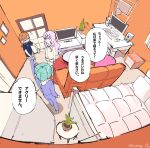  3girls 4ding aqua_hair black_shirt braid braided_twintails commentary_request couch fixed-point_camera flying_sweatdrops grey_pants highres indoors long_hair love_live! love_live!_superstar!! multiple_girls onitsuka_tomari orange_hair pajamas pants purple_hair purple_pajamas purple_pants purple_shirt shibuya_kanon shirt shorts speech_bubble standing tomakanote_(love_live!) translation_request variant_set very_long_hair wavy_hair white_pajamas white_shirt white_shorts wien_margarete 