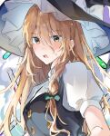  1girl black_hat black_vest blonde_hair bow braid commentary_request green_bow hair_between_eyes hair_bow hat hat_bow highres kirisame_marisa long_hair looking_at_viewer open_mouth puffy_short_sleeves puffy_sleeves s08901 short_sleeves side_braid single_braid solo sweat touhou vest white_bow witch_hat yellow_eyes 