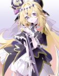  1girl absurdres ahoge antenna_hair black_bow black_bowtie black_capelet black_dress blonde_hair bow bowtie brooch capelet chocho_16 commentary crossed_bangs cure_arcana_shadow diamond_hairband dress frilled_capelet frills grey_veil hair_between_eyes hair_bow heart heart_brooch highres jewelry long_hair looking_at_viewer magical_girl meitantei_precure! moria_luluka multicolored_hair parted_lips pink_hair precure purple_eyes solo tear_arcana_rod two-tone_hair veil very_long_hair wrist_cuffs yellow_wrist_cuffs 
