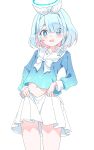  1girl absurdres arona_(blue_archive) blue_archive blue_eyes blue_hair blue_halo blue_shirt blush ccczr colored_inner_hair commentary hairband halo highres looking_at_viewer midriff multicolored_hair navel open_mouth pink_hair sailor_collar shirt short_hair simple_background skirt solo standing thighs two-tone_hair wavy_mouth white_background white_hairband white_sailor_collar white_skirt 