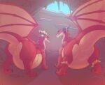 2026 absurd_res belly big_belly blizzard_entertainment cave chestdandy dragon duo female feral hi_res horn huge_belly inside mythological_creature mythological_scalie mythology overweight rear_view red_body scalie warcraft