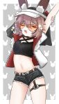 1girl :d absurdres animal_ear_fluff animal_ears arknights arm_behind_head arms_up belt black_camisole black_choker black_shorts blush border breasts brown_belt brown_hair camisole caper_(arknights) caper_(summer_flowers)_(arknights) choker cowboy_shot criss-cross_halter double-parted_bangs ears_through_headwear fang hair_between_eyes halterneck highres jacket medium_hair navel official_alternate_costume open_clothes open_jacket open_mouth orange-tinted_eyewear outside_border rabbit_ears sari_(zakura27502762) short-sleeved_jacket short_shorts short_sleeves shorts sidelocks skin_fang small_breasts smile solo standing stomach stretching sunglasses thigh_strap thighs tinted_eyewear veil visor_cap white_border white_jacket white_visor_cap 