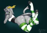 2025 anthro antlers big_butt biped blue_eyes bovid butt caprine clothing cloven_hooves colored dated digital_media_(artwork) female female_anthro fur goat grey_body grey_fur hooves horn hybrid lagomorph legwear leporid looking_at_viewer looking_back looking_back_at_viewer lying mammal on_front panties pattern_clothing pattern_legwear pattern_stockings pseudoregalia rabbit signature solo stockings striped_clothing striped_legwear striped_stockings stripes sukk-madikk sybil_(pseudoregalia) tail underwear unguligrade year