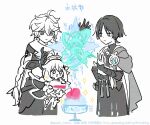  +_+ 1girl 2boys aether_(genshin_impact) ahoge apollo_hotori arm_at_side armor blue_gem blunt_ends bodysuit bottle bow braid bridal_gauntlets cape closed_mouth crop_top cropped_shirt cup diamond_hair_ornament earrings empty_eyes eyeliner feathers floating food gem genshin_impact glass gloves greyscale hair_ornament halo hand_on_own_hip hand_up hands_up holding holding_bottle japanese_armor japanese_clothes jewelry kimono kote levitation long_hair looking_at_another low-braided_long_hair low-tied_long_hair makeup mandarin_collar mechanical_halo medium_hair middle_ring midriff monochrome multiple_boys open_clothes open_hand open_hands open_kimono open_mouth paimon_(genshin_impact) pants parted_bangs pom_pom_(clothes) pouring romper scaramouche_(genshin_impact) scarf shaved_ice short_sleeves shorts side_cape spot_color tsurime twitter_username v-shaped_eyebrows vambraces vision_(genshin_impact) wanderer_(genshin_impact) watermark white_background wind wispy_bangs wolf_cut 