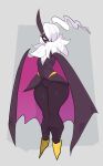 1_horn anthro big_butt blue_eyes bulge butt clothed clothing felbat femboy genitals hair hair_over_eye hi_res horn male membrane_(anatomy) membranous_wings one_eye_obstructed pal_(species) palmorph palworld paulpla pocketpair purple_body solo standing thick_thighs white_hair wide_hips winged_arms wings
