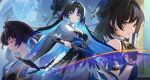  2girls absurdres ahoge aqua_eyes beret bird black_dress black_hair blue_hair blue_hat breasts closed_eyes closed_mouth colored_inner_hair commentary_request dress earrings hair_intakes hat highres holding holding_sword holding_weapon jacket jewelry liangyu_(wuthering_waves) long_hair long_sleeves looking_at_viewer medium_breasts monokulo_kitsune multicolored_hair multiple_girls multiple_views parted_bangs smile sword tacet_mark_(wuthering_waves) weapon white_jacket wide_sleeves wuthering_waves yangyang_(wuthering_waves) yangyang_(xuanling)_(wuthering_waves) 