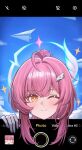  1girl absurdres aemeath_(wuthering_waves) ahoge blush closed_mouth commentary cong_bing fake_phone_screenshot fake_screenshot fourth_wall gloves hair_ornament highres long_hair looking_at_viewer one_eye_closed orange_eyes pink_hair smile solo star-shaped_pupils star_(symbol) symbol-shaped_pupils white_gloves wuthering_waves 