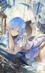  1girl absurdres architecture blue_hair chigusa7h closed_mouth commentary_request dress earrings east_asian_architecture forehead_tattoo hair_ornament hair_stick highres indoors jewelry long_hair looking_to_the_side parted_bangs qingxiao_(wuthering_waves) smile solo tattoo turning_head white_dress wuthering_waves 