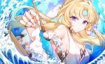  1boy 3girls absurdres android armpit_crease bell_sleeves black_choker blonde_hair blue_dress breasts choker cleavage closed_mouth commentary coral detached_sleeves dress forehead_jewel frilled_choker frilled_dress frilled_sleeves frills gradient_hair hand_up highres holding holding_brush honkai:_star_rail honkai_(series) long_hair long_sleeves looking_at_viewer lying march_7th_(honkai:_star_rail) multicolored_hair multiple_girls on_back parted_bangs pearl_(honkai:_star_rail) purple_eyes robot robot_girl shirochan stelle_(honkai:_star_rail) trailblazer_(honkai:_star_rail) two-tone_dress untranslatable_commentary very_long_hair water white_dress white_sleeves wide_sleeves 