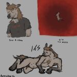 1:1 ambiguous_gender animal_genitalia anthro artist_name belly_nipples between_legs breasts chest_tuft clothing collar covering covering_crotch darkcyndoge facial_piercing feral floating fur genitals gynomorph hebrew_text hyena intersex looking_at_viewer mammal mane markings multi_breast multi_nipple multicolored_body navel nipples nose_piercing paws piercing pseudo-penis reclining shirt signature solo spots spotted_body spotted_fur spotted_hyena supernumerary_breasts t-shirt text text_on_clothing topwear translated tuft whisker_spots zev_(darkcyndoge)
