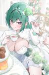  1girl blush breasts cleavage commentary cup dress fingerless_gloves flower food gem gloves green_flower green_gem green_hair hair_between_eyes hair_flower hair_ornament hair_ribbon highres holding holding_cup indoors large_breasts long_hair looking_at_viewer mole mole_on_breast nail_polish neko_neneko purple_eyes purple_nails ribbon shrug_(clothing) smile solo strapless strapless_dress table teacup tiara virtual_youtuber vspo! white_dress white_gloves white_ribbon white_shrug yakumo_beni 