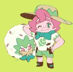 1boy 1other arm_behind_head black_shoes chibi chibi_only closed_mouth eldegoss english_commentary freckles green_background green_scarf green_shorts hand_on_own_hip hat highres looking_at_viewer milo_(pokemon) one_eye_closed pinkgermy pokemon pokemon_(creature) pokemon_sword_and_shield scarf shirt shoes shorts smile straw_hat white_shirt 