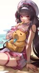  1girl absurdres bikini bikini_skirt black_hair breasts chisa_(peach_parfait)_(wuthering_waves) chisa_(wuthering_waves) commentary_request food food_in_mouth hair_ribbon hairband hat highres long_hair looking_at_viewer medium_breasts namipon_(wuthering_waves) official_alternate_costume pink_bikini pink_ribbon popsicle popsicle_in_mouth red_eyes ribbon sitting skirt solo swimsuit white_hairband white_hat white_skirt wuthering_waves ys_doggy 