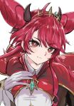  1girl closed_mouth collared_shirt dominus_purge dominusteer_rosepamela double_bun duel_monster hair_bun highres horns light_smile nasubi3632 red_eyes red_hair shirt sidelocks single_horn solo spiked_hair_ornament twintails twitter_username upper_body white_background yu-gi-oh! 