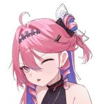 1girl :p ;p absurdres ahoge alternate_costume black_bow bow colored_inner_hair commentary denia_(wuthering_waves) earrings hair_between_eyes hair_bow hair_intakes hair_ornament hairclip highres hiromi_two jewelry long_hair multicolored_hair necklace one_eye_closed pink_hair portrait purple_hair simple_background solo stud_earrings tongue tongue_out untranslatable_commentary white_background wuthering_waves 