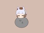  1girl animal_ears blush brown_hat chibi chibi_only closed_eyes commentary_request gold_ship_(umamusume) gomashio_(goma_feet) grey_background grey_hair hat horse_ears horse_girl long_hair no_mouth simple_background solo translation_request umamusume 