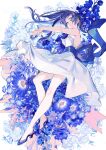  1girl \||/ agapanthus_(flower) anemone_(flower) backless_dress backless_outfit bare_arms bare_legs bare_shoulders blue_flower blue_hair blue_nails check_flower cornflower dress flower flower_request full_body grape_hyacinth high_heels highres larkspur_(flower) nemophila_(flower) original outstretched_arm parted_lips pink_eyes ribbon solo strapless strapless_dress thighs umishima_senbon white_background white_dress white_flower 