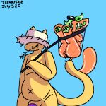 1:1 aliasing annoyed anthro barely_visible_genitalia barely_visible_penis butters_(theenyface) digital_media_(artwork) domestic_cat english_text farmer felid feline felis female feral fur genitals glistening glistening_body mammal navel net object_in_mouth orange_body orange_fur penis text theenyface vulva wheat wheat_in_mouth x_navel yellow_body yellow_fur